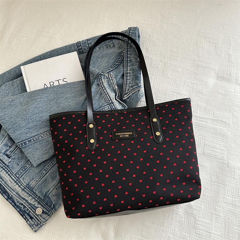 

Stylish Casual Cute Unique Design Tote Bag For Women With Trendy Crossbody Style In Red Polka Dots Black Hearts