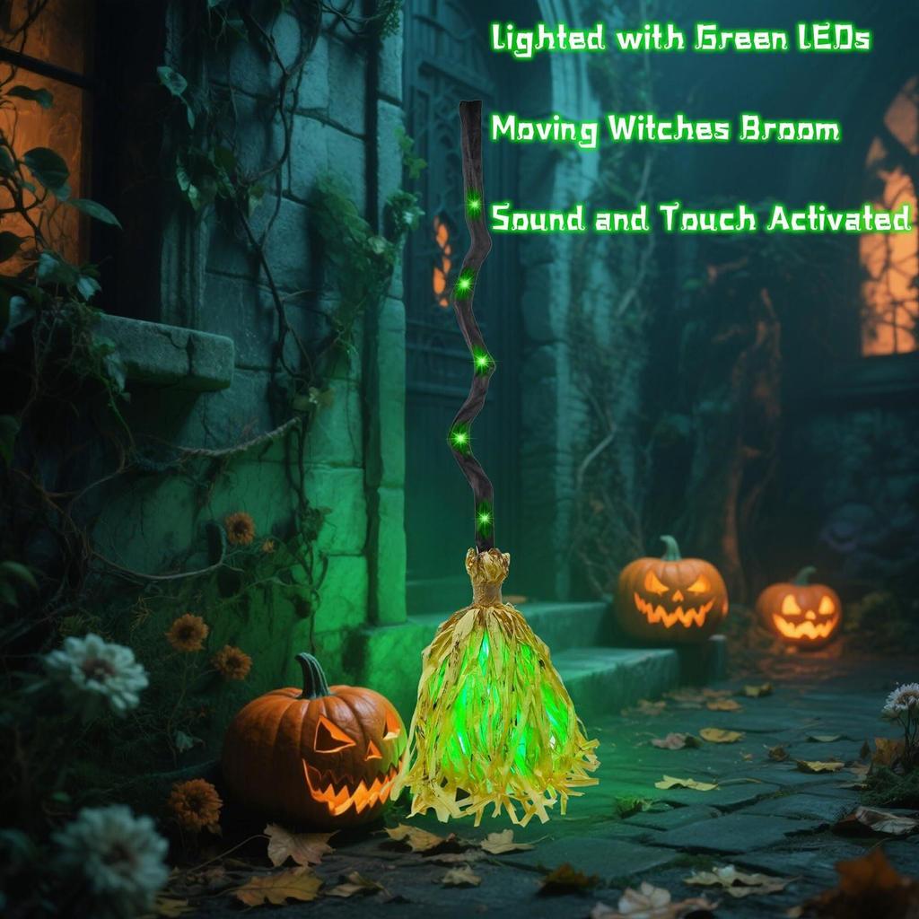 Halloween Broom Decor Green Led Witches Broom Decor for Halloween Lighted Prop Supplies Spooky Decorations for Patio Outside