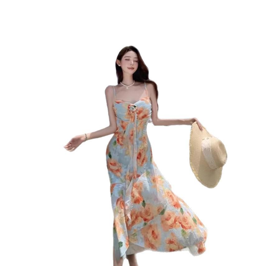 European and American Style Women's Clothing Spring and Summer New Sexy Printing Neck Strap Mesh V-neck Dress Women