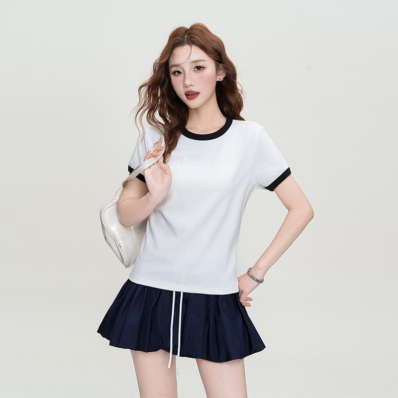 Baumwoll-Kurzarm-T-Shirt Damen Sommer Oberteil Schlankmachend Rechte Schulter Rundhals Slim Fit T-Shirt