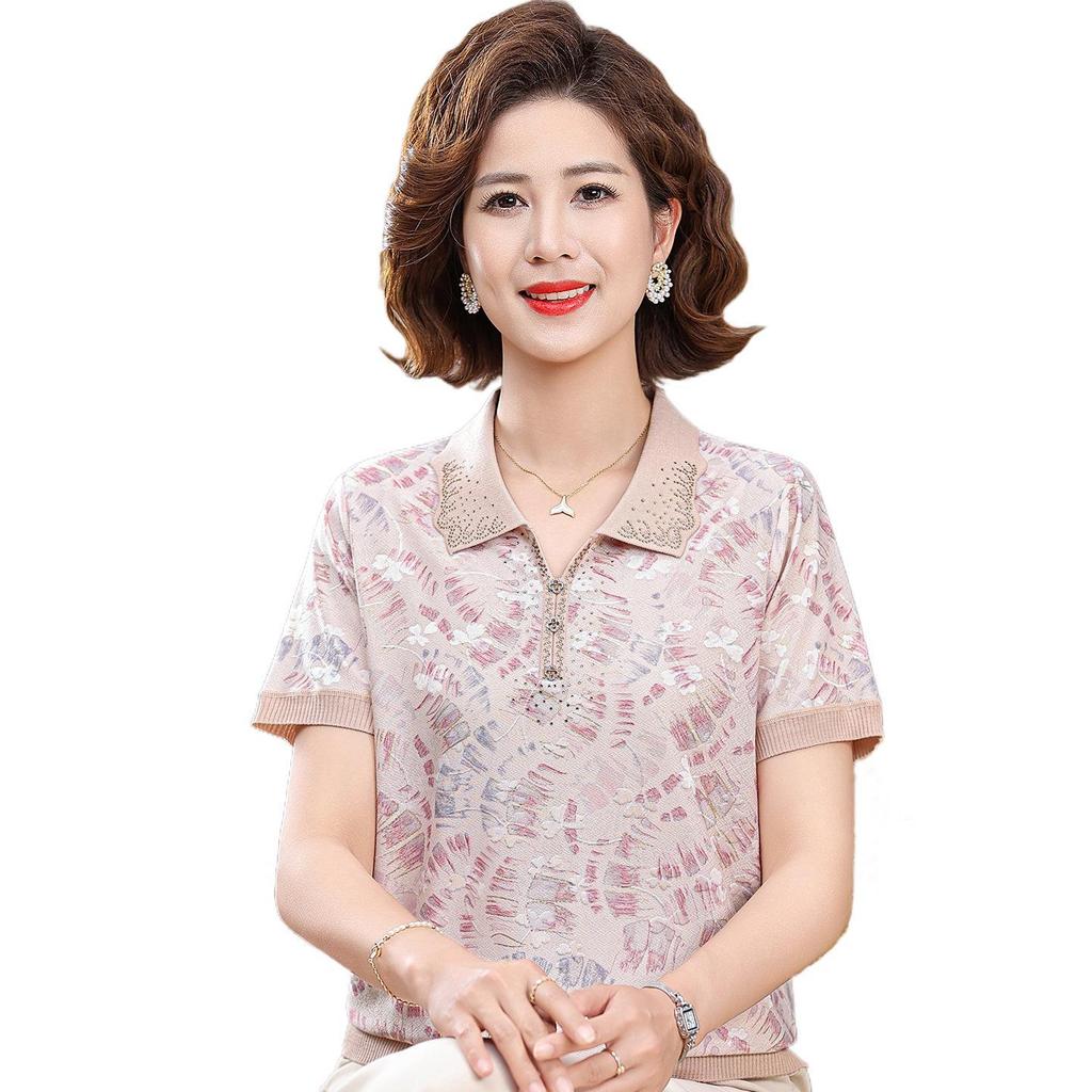 Stylish Women's Ice Silk Printed Top - Short Sleeve, Lapel, Summer Shirt for Middle-Aged and Elderly