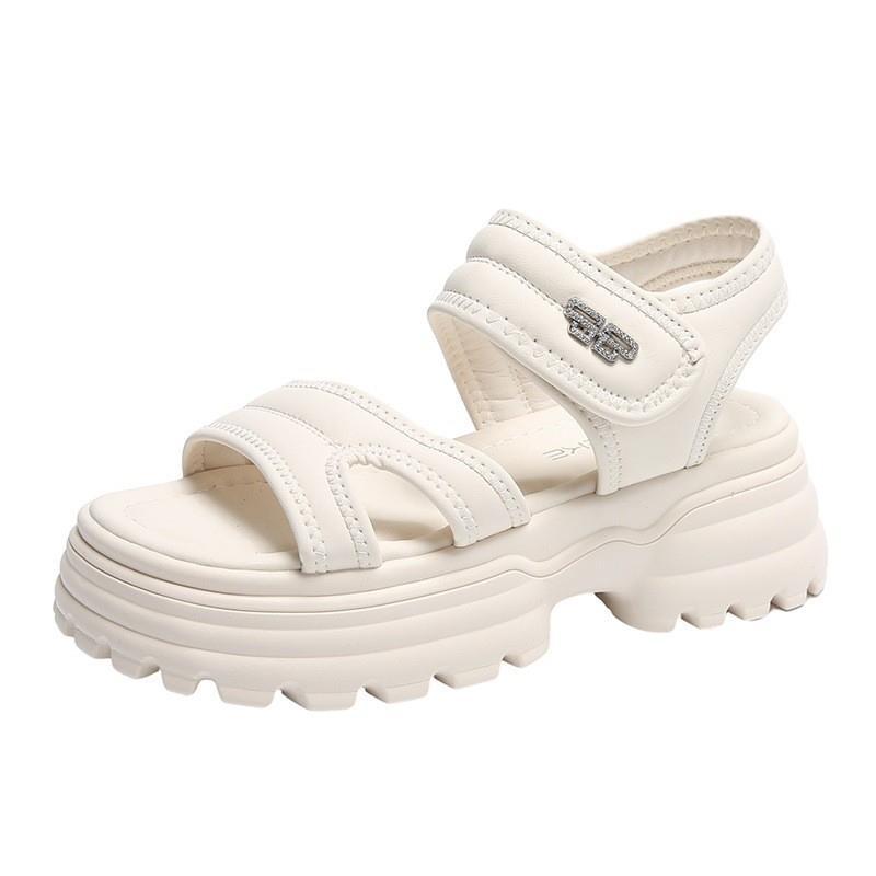 Medium Heel Velcro Soft Leather Sandals Women's Summer New Versatile Thick Sole with Skirt Slippers
