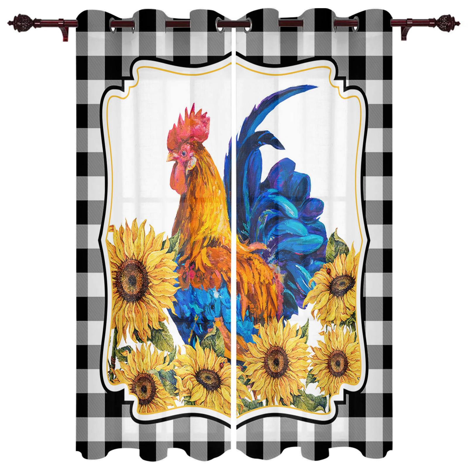 Винтажные шторы на окна с изображением подсолнечника и петуха — фото 15
