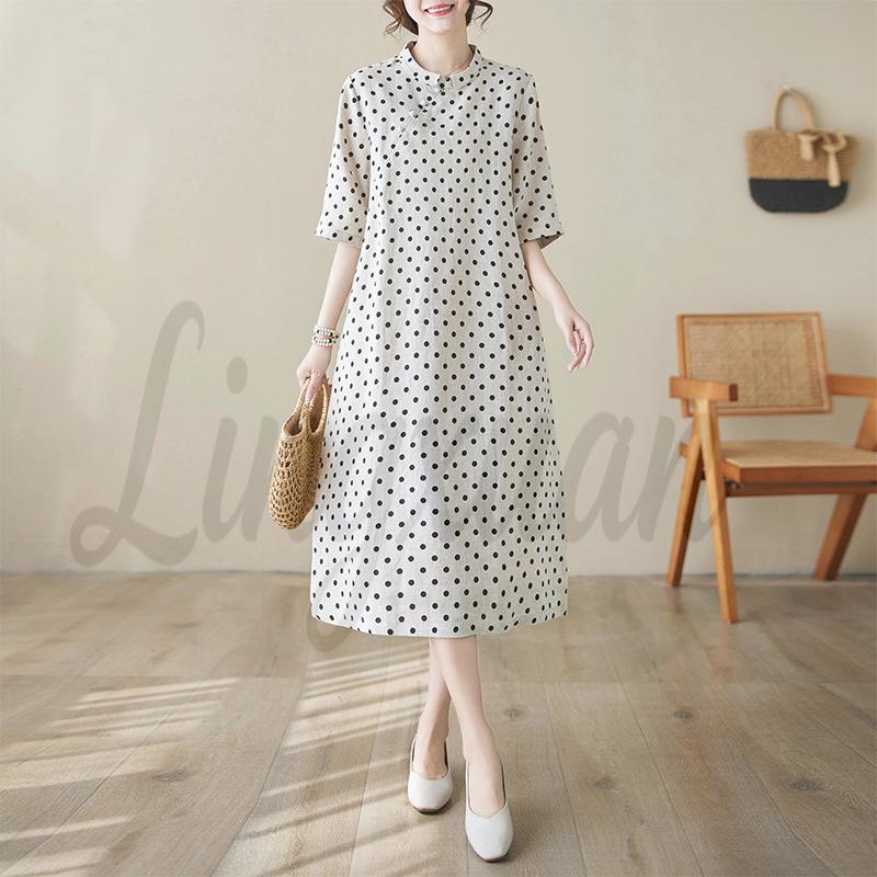 2026 Summer Cotton Linen Polka Dot A-Line Dress for Women Medium