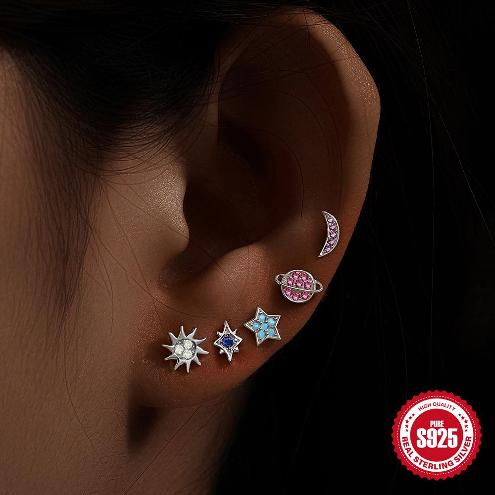 Fashion S925 Sterling Silver Star Moon Color Diamond Set Planet Galaxy Set Earrings Earrings 5-Piece Set
