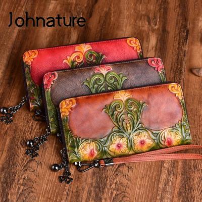 First Layer Cow Leather Luxury Women Hand Wallet Retro Embossed Large Clutch Wallets Card Holder Phone Purse