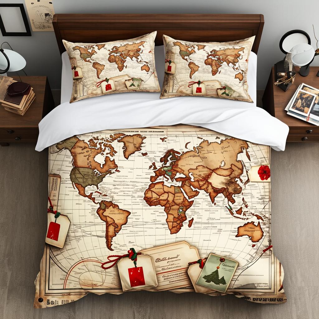 3Pcs Vintage Travel Christmas Bedding Set Polyester Adventure Map Print Duvet Cover Queen Size for Adult Bedroom Unique Retro Ho