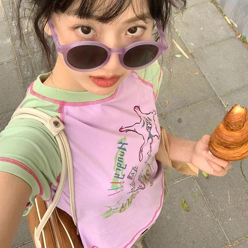 Y2k Ästhetik T-shirt Japanischen Harajuku Tops 2000s Kawaii Grafik Kurzarm T-shirts Fairycore Patchwork T-shirt