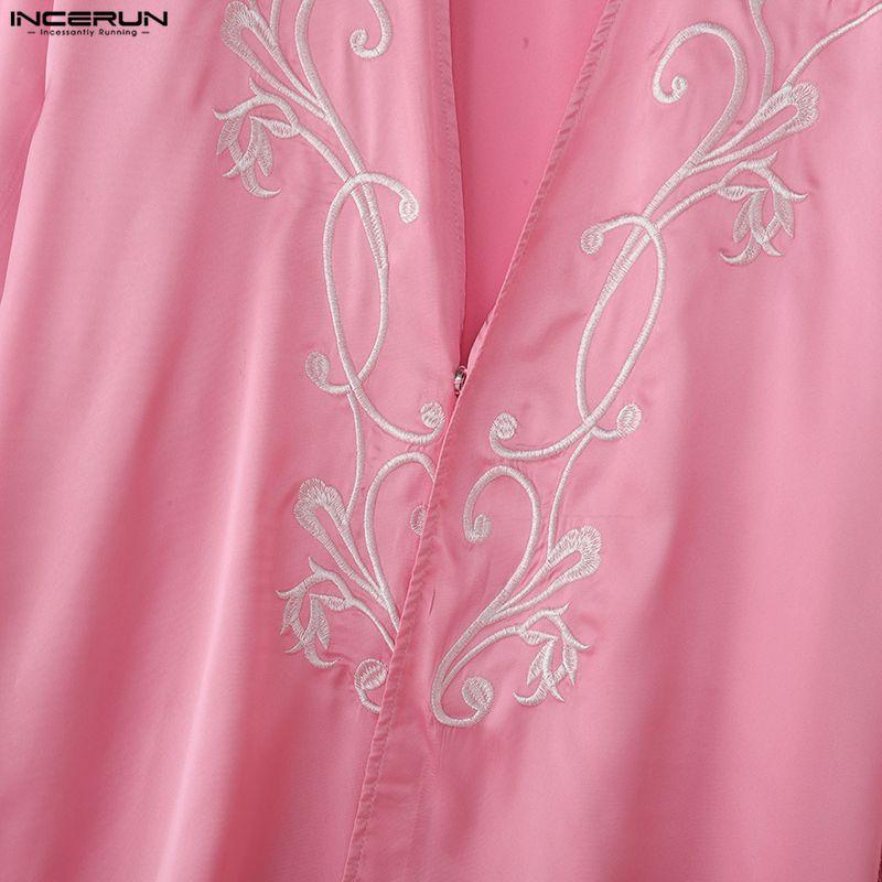 INCERUN Men Deep V Neck Long Sleeve Embroidery Casual Oversized Shirts