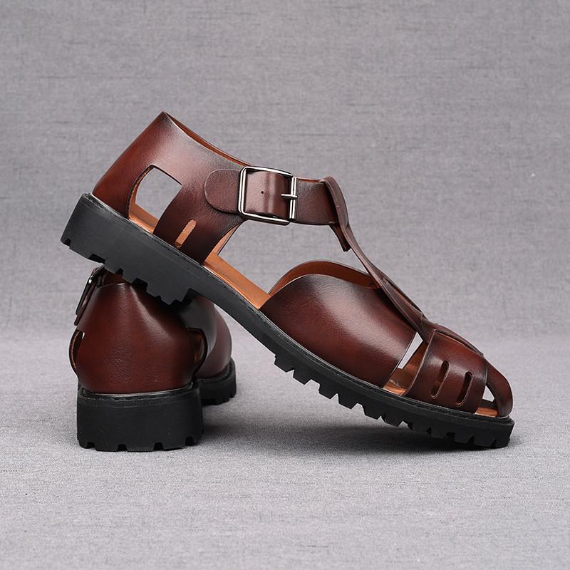 Móda Léto Nové Pánské Retro Římské Gladiátorské Kožené Sandály Vykrojené Prodyšné Boty Jednobarevné Kotníkové Spony Ležérní Boty