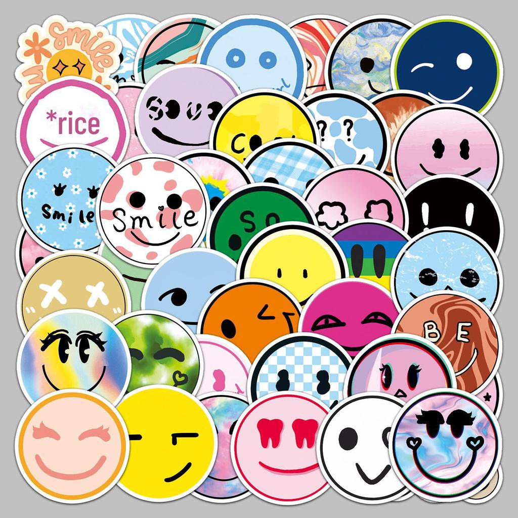 50 Trendy Smiley Face Stickers: Waterproof Cartoon Designs for Suitcases, Scooters, Computers, Tablets, and Water Cups