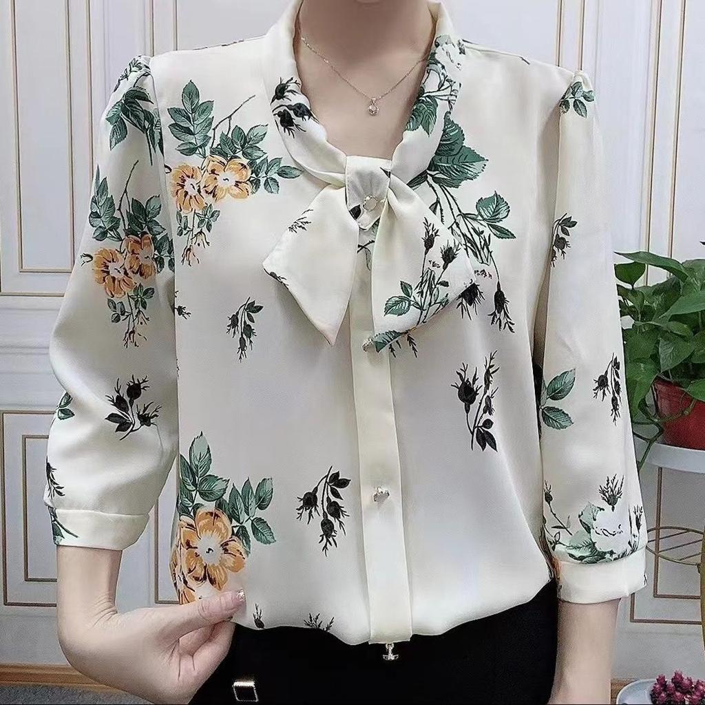 Cămașă de șifon cu mâneci trei sferturi și panglică pentru femei, ținută de vară pentru mamă, cămașă largă și subțire