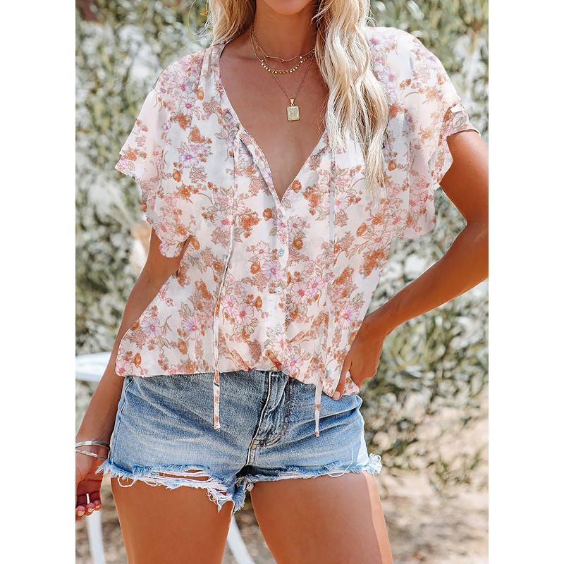 2026 New Printed Women's Summer V-Neck Half-Open Short-Sleeve Loose Casual T-Shirt