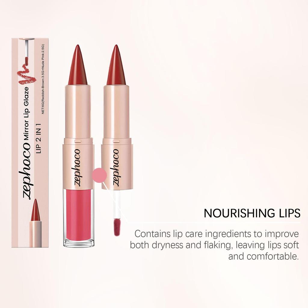 Zephoco Zweifarbiger Spiegel-Lipgloss - Feuchtigkeitsspendend, Seidiges Rotbraun & Nude-Rosa