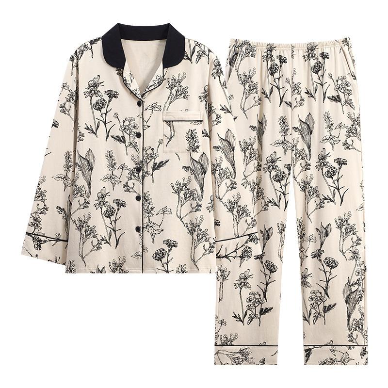 Pajamas Women's Spring and Autumn Pure Cotton Long-sleeved New Floral Thin Mother Advanced Sense Can Be Worn Outside Cool Cotton Suit