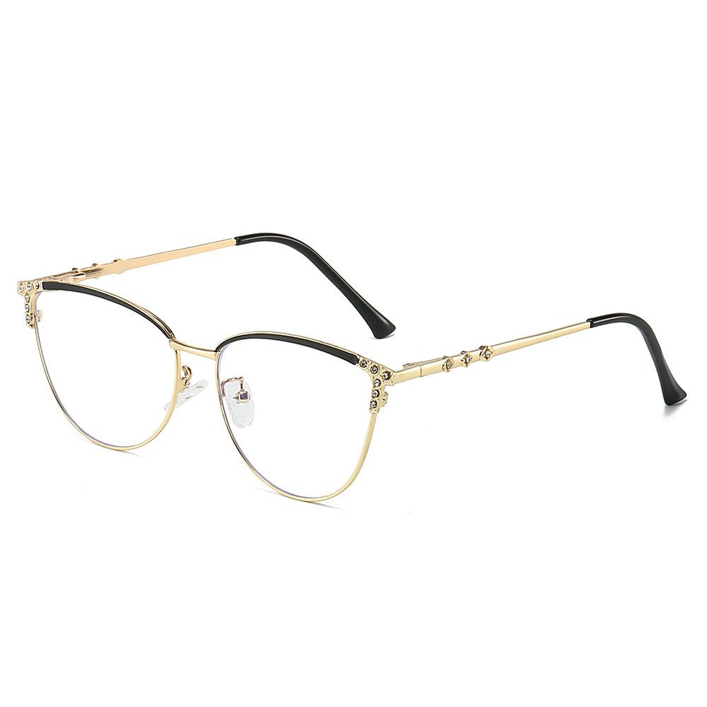 Cat eye glasses new diamond-encrusted plain glasses frame fashionable spring foot discoloration anti-blue light metal glasses