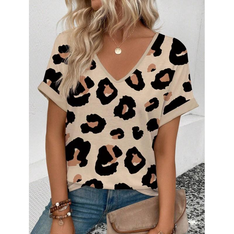 Womens V-Neck Short Sleeve T-Shirt With Leopard Print 3D Effect Colorful Ink Loose Fit Casual Office Wear