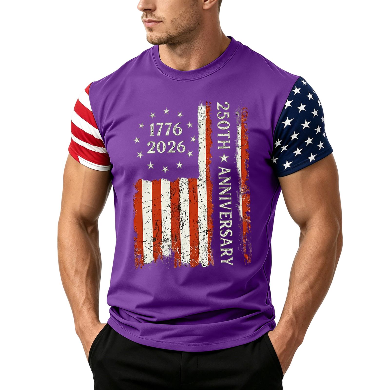 

Men s Loose Fit Short Sleeve T Shirt Casual Summer Daily Wear Flag Print Lightweight Breathable Fabric Crew Neck XL фиолетовый