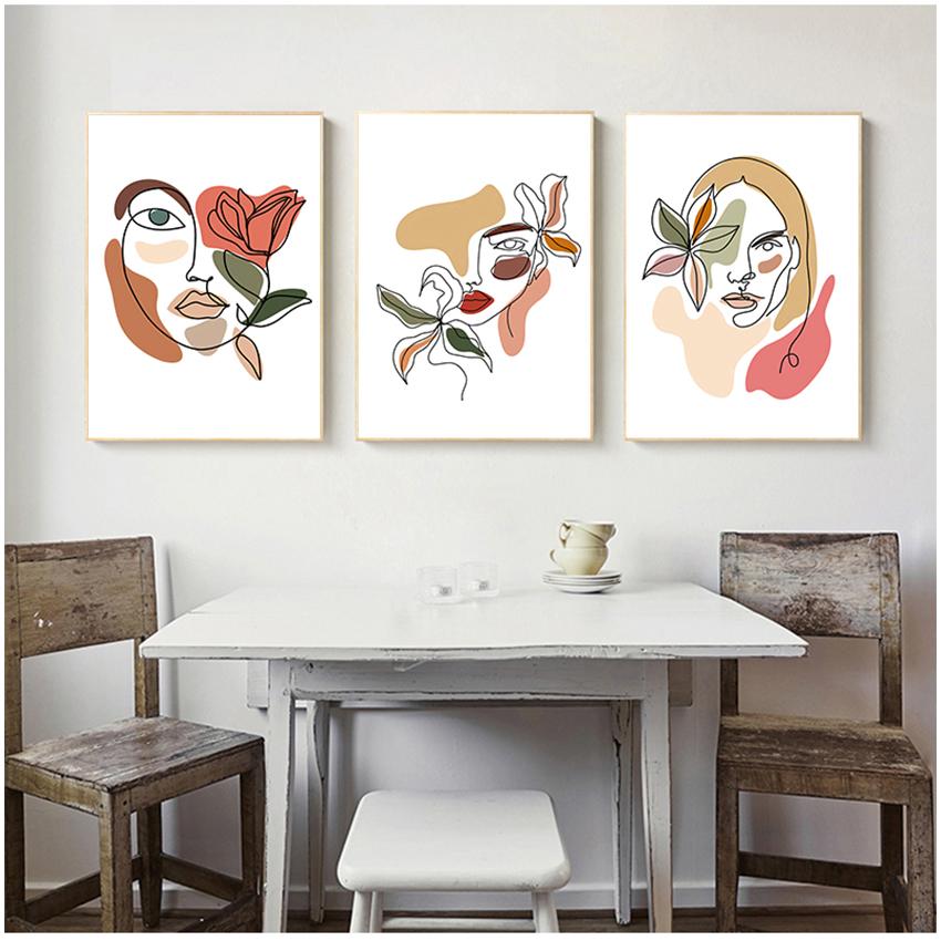 Wandbilder für Wohnzimmer, Salon, Heimdekoration, Wandkunst, Leinwand, Malerei, Blumenmädchen, abstraktes Gesicht, nordische Poster und Drucke
