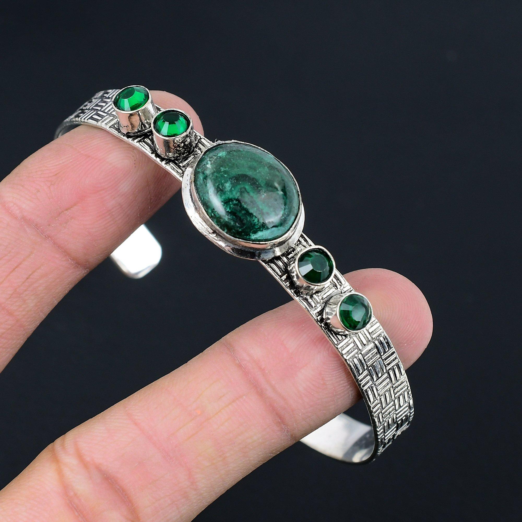 

Natural Malachite Gemstone 925 Sterling Silver Bangle Adjustable For Girls Adjustable