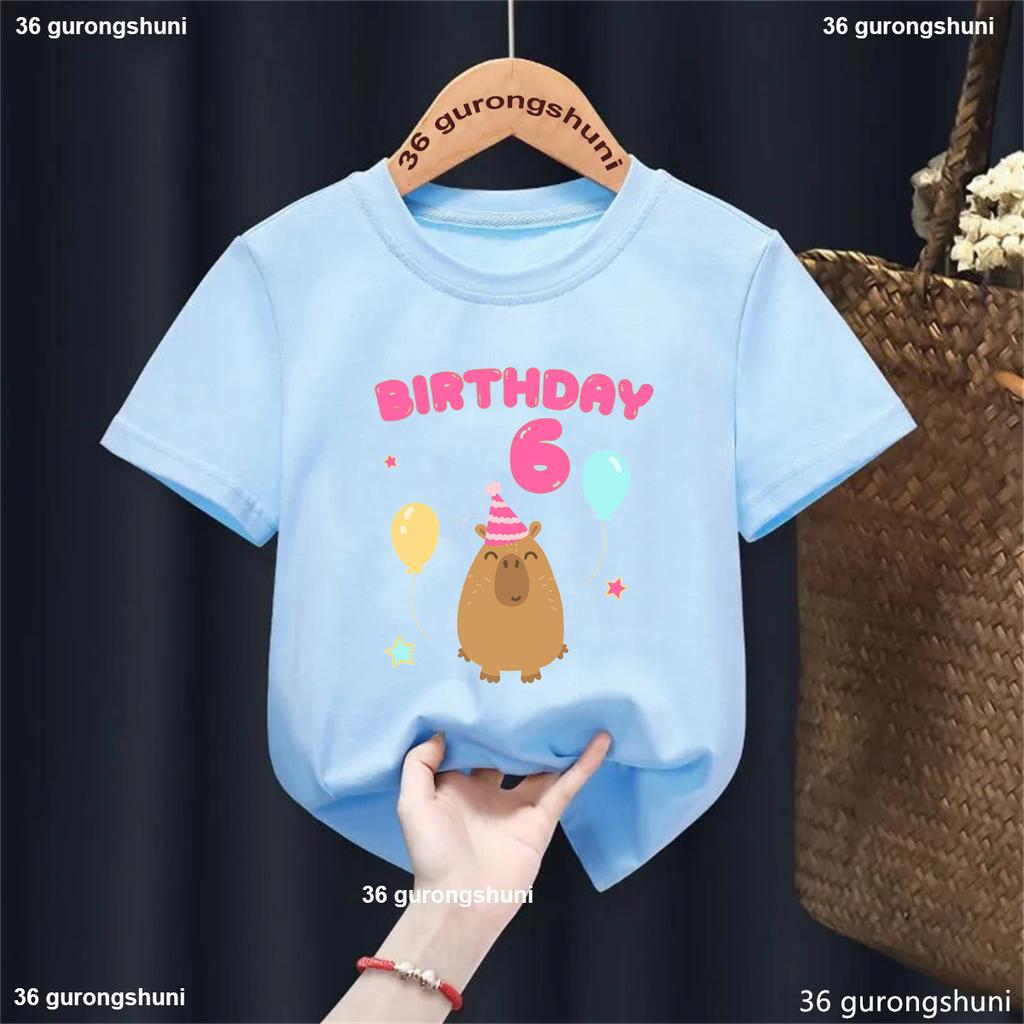 5th/6th/7th/8th/9th Birthday Capybara Balloon Printed Tshirt Girls/Boys Funny Kawaii Kids Clothes Fashion Solid T-Shirt Tops