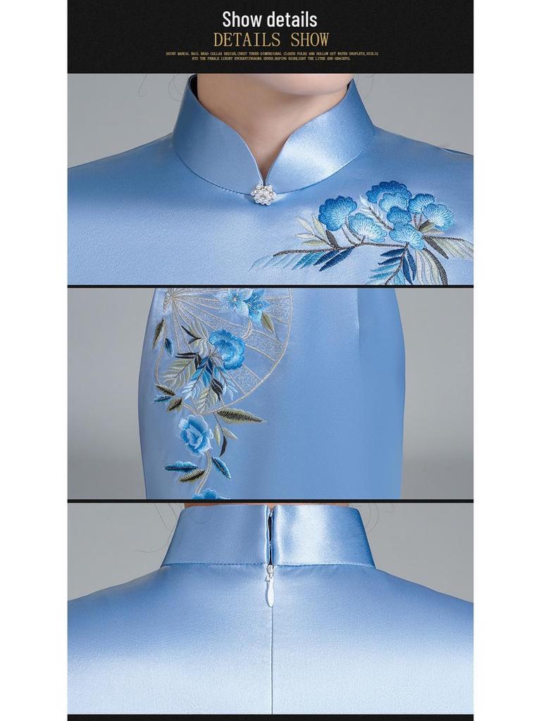 Elegant Spring Acetate Satin Embroidered Cheongsam for Mothers - New Chinese Wedding Style Dress