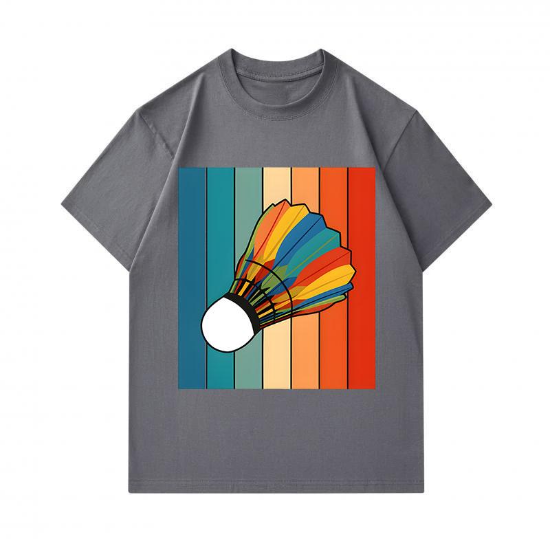 Men's 100% Cotton Crew Neck Short Sleeve T-Shirt, Retro Rainbow Striped Badminton Shuttlecock Graphic Casual Tee for Daily Wear