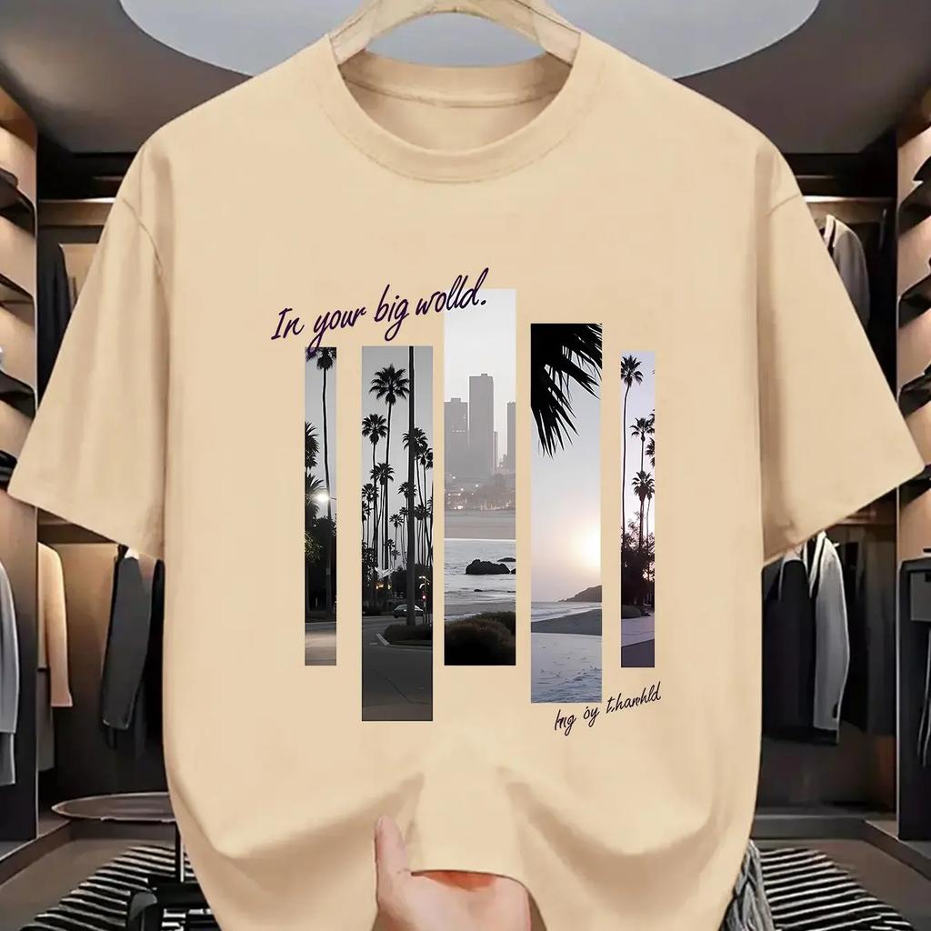 Summer men's round-neck tropical rainforest print short-sleeved casual fashion sports 100% pure cotton T-shirt