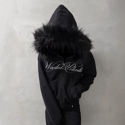 Hanorac Retro Y2K cu Glugă și Fermoar cu Imprimeu cu Litere Margine din Blană Artificială Unisex Streetwear Pulover Oversized