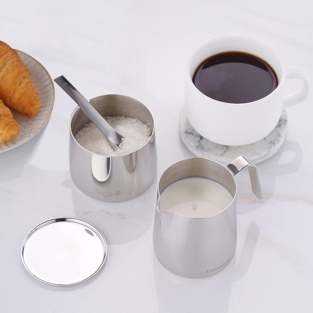 Easyworkz Stainless Steel Creamer and Sugar Bowl Set with Stackable Spoons, (Chrome)
