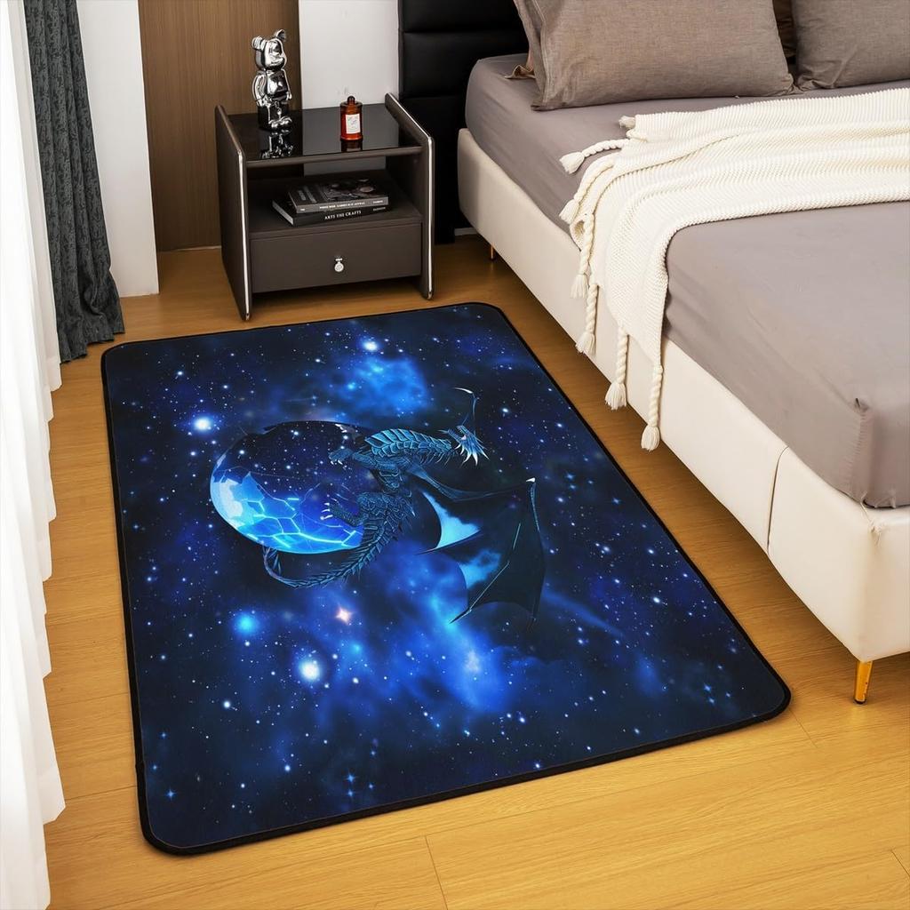 3D Dragon Galaxy Area Rug - Blue Outer Space Carpet for Bedroom & Living Room, Non-Slip Fleece Floor Mat, Fantasy Home Decor