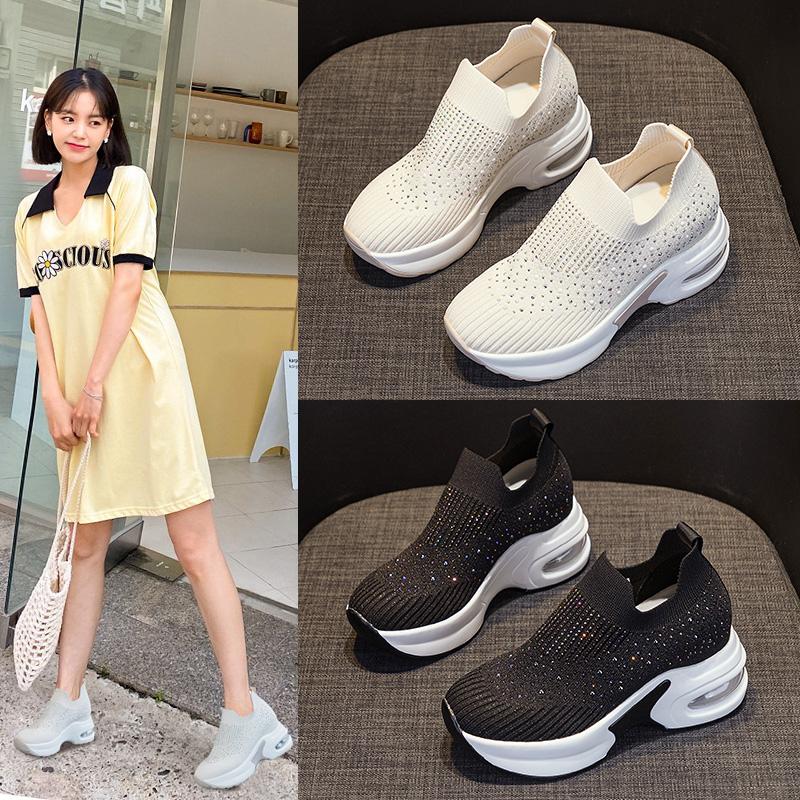 Fashion 8cm Air Mesh Platform Sneakers Wedge Crystal Shoes White Black Height Increased High Heel for Women Slip on Shoes Vulcanized New
