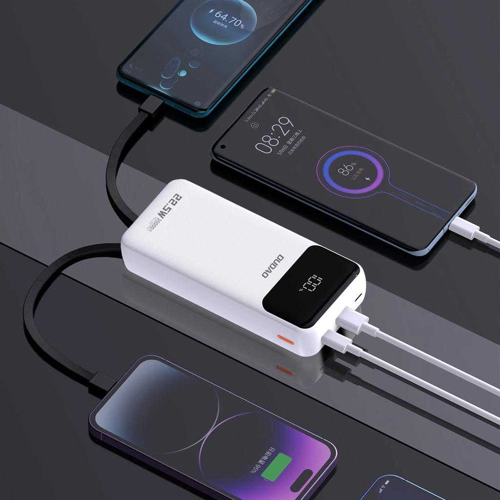 Powerbank Dudao K15Pro 20000Mah 22.5W Pd Usb-C / Usb-A / Wbudowane Kable Lightning I Usb-C - Biały