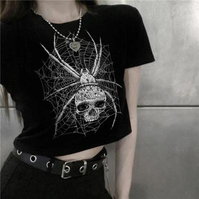 T-shirt grafica con stampa teschio punk scuro grunge Harajuku Spider Web scheletro gotico casual chic streetwear Y2K casual slim crop top