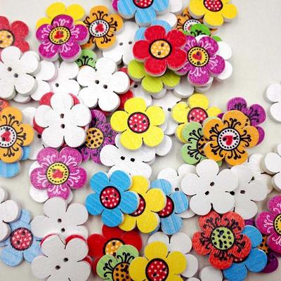 100pcs Wooden Buttons Mixed Adorable Flower Shape Sewing Buttons Scrapbook Craft