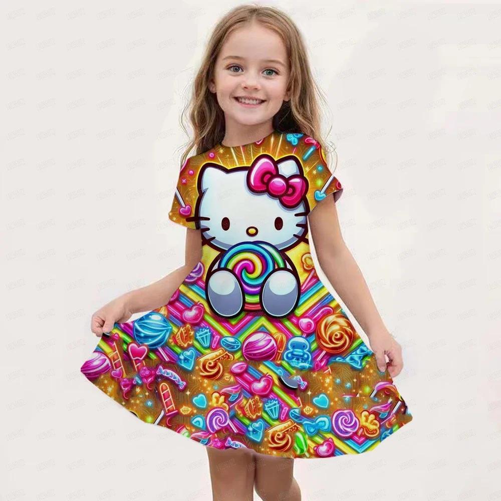 New Summer Girls Dress Fashion Cartoon Cute Cinnamoroll &Hello Kitty 3D Printing Dresses Kids Short Sleeve Princess Clothing