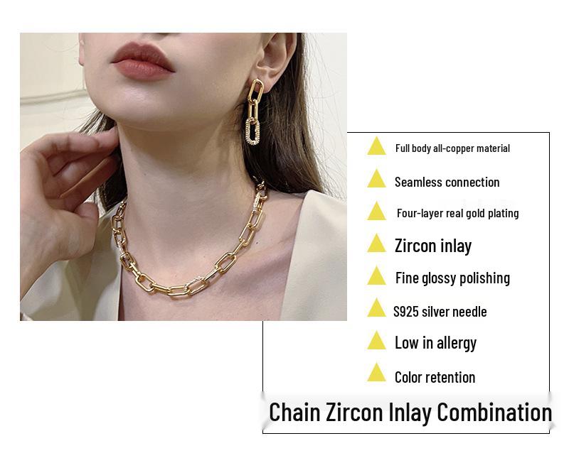 Zircon Gold Oval Necklace & Earring Set: Versatile Spring Fashion for Influential Women