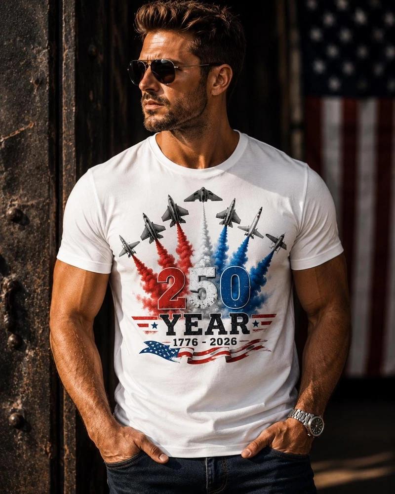 USA 250th Anniversary Shirt 250 Year 1776 2026 Tee Patriotic Jet Flyover S