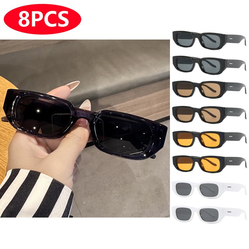 8pcs Retro UV400 Sunglasses for Women Men Fashion Rectangular Sun Glasses INS Style Unisex Eyewear Sets UV Protection