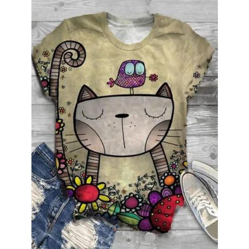 Summer Round Neck 3D Retro Cat Pattern Print Top Fashionable Casual Short Sleeved Women's T-shirts