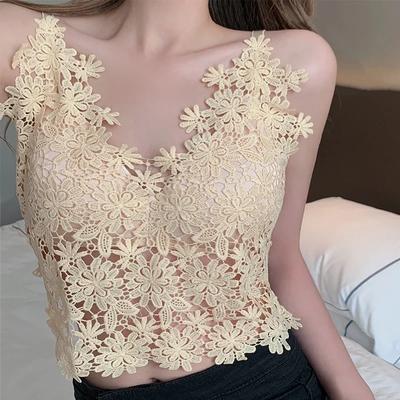 ISummer Damen Spitze V-Ausschnitt Sexy Rückenfreies Crop Top Aushöhlen Tank Top mit BH-Pad Y2K Camis Floral Stickerei Top 2025
