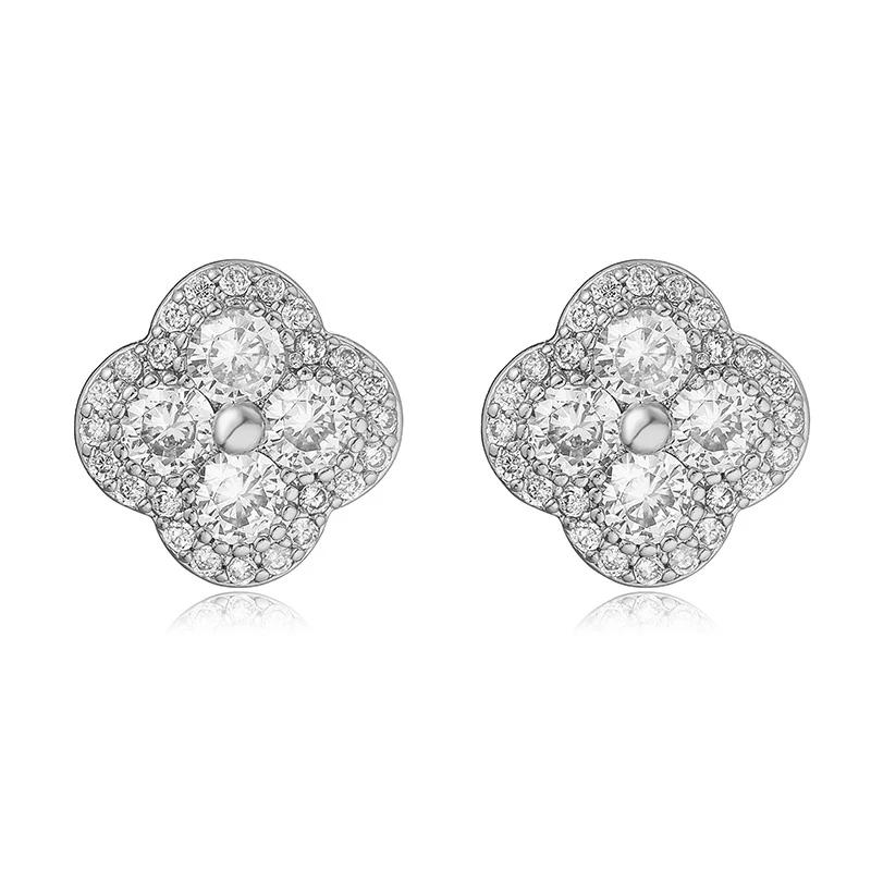 18K Golden Plated Inlaid CZ Stone Flower Shape Stud Earrings Sparkling Multi-colour 4-Leaf Flower Earrings Romantic Jewelry