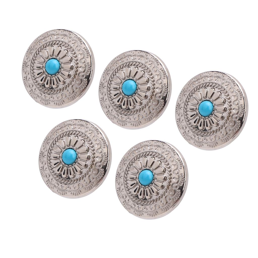 5 Sets Screw Back Button Silver Flower Blue Turquoise 30mm Round Shape Conchos with 4.5mm Screws for Leather Crafts