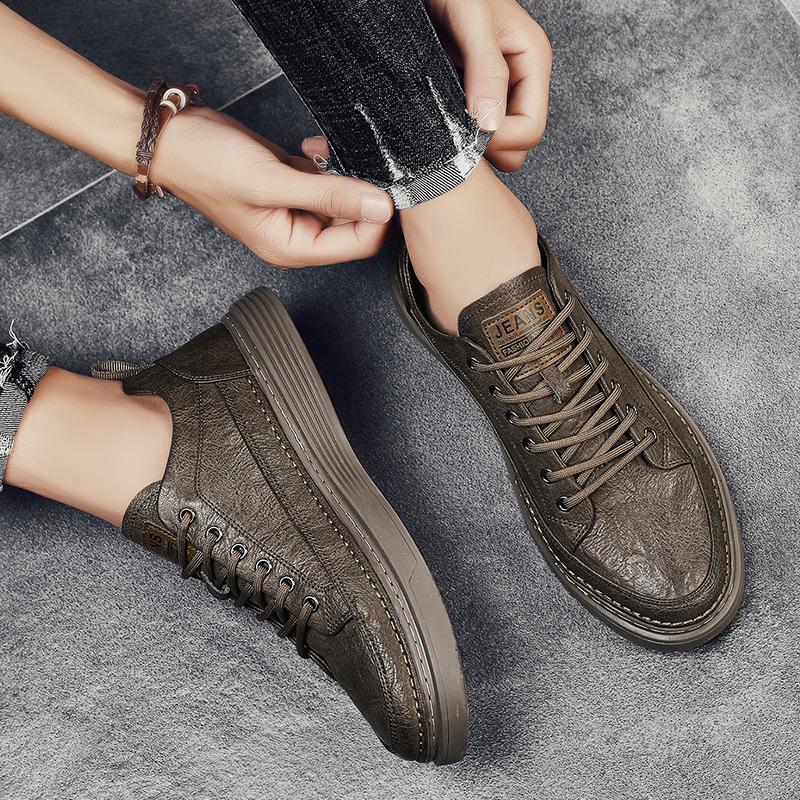 Men'S Leather Casual Sports Shoes Spring Newest Fashion Comfortable Wear-Resistant Shoes Outdoor Solid Color Lightweight Flat Shoes
