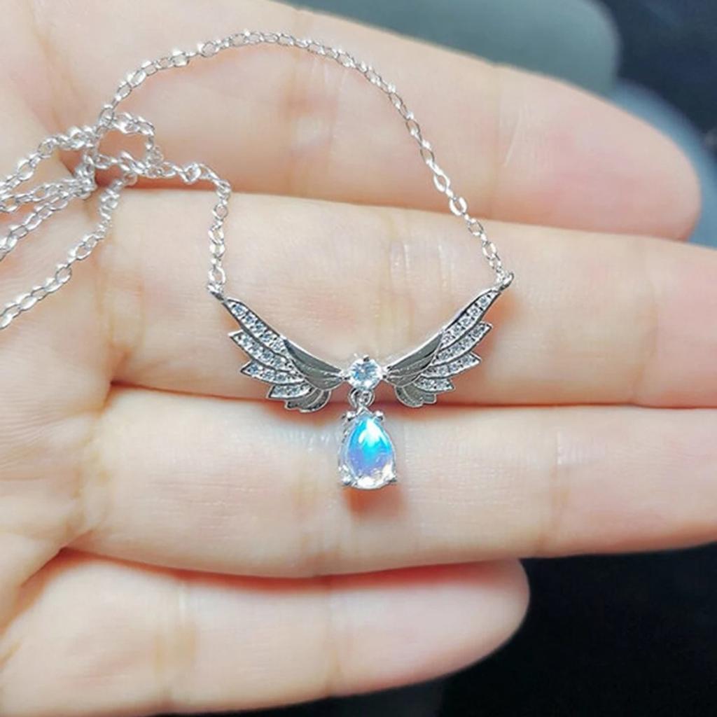 Double Angel Wing Paved Small Stone Dangling Light Blue Teardrop Stone Pendant Women Clavicle Necklace