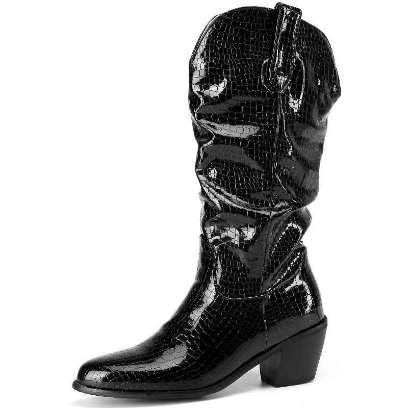 Модные повседневные туфли на танкетке ковбойские сапоги в ковбойском стиле женские водонепроницаемые сапоги до середины икры модные блестящие черные и белые зимние туфли большой размер 34-48 34 чёрный 6589₽