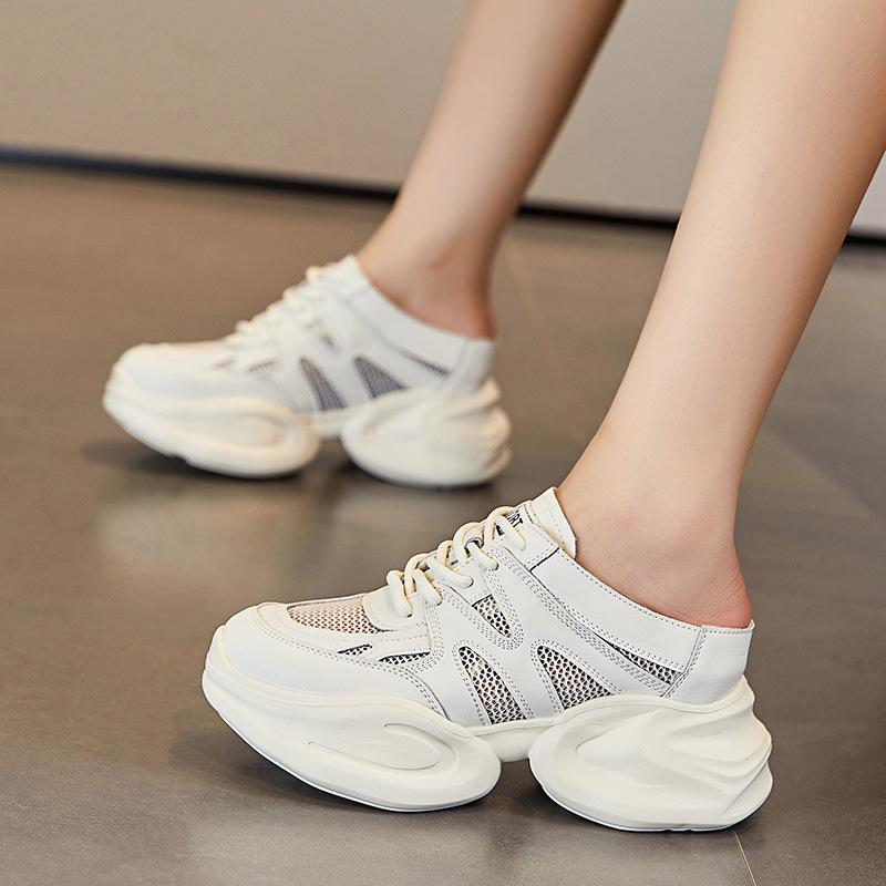 Leather thick-soled bag head slippers women's spring and summer new height increase 8CM comfortable versatile breathable sandals lace-up single shoe