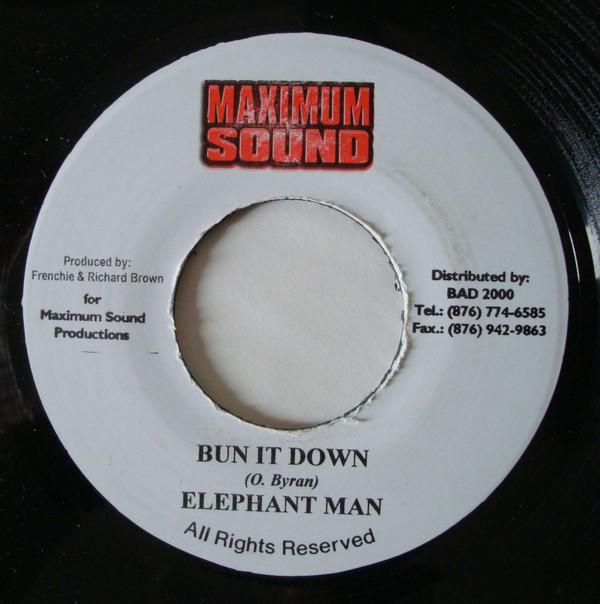 7inch Record ELEPHANT MAN - Bun It Down NONE Maximum Sound 2001 Jamaica Reggae, Ska & Dub Used