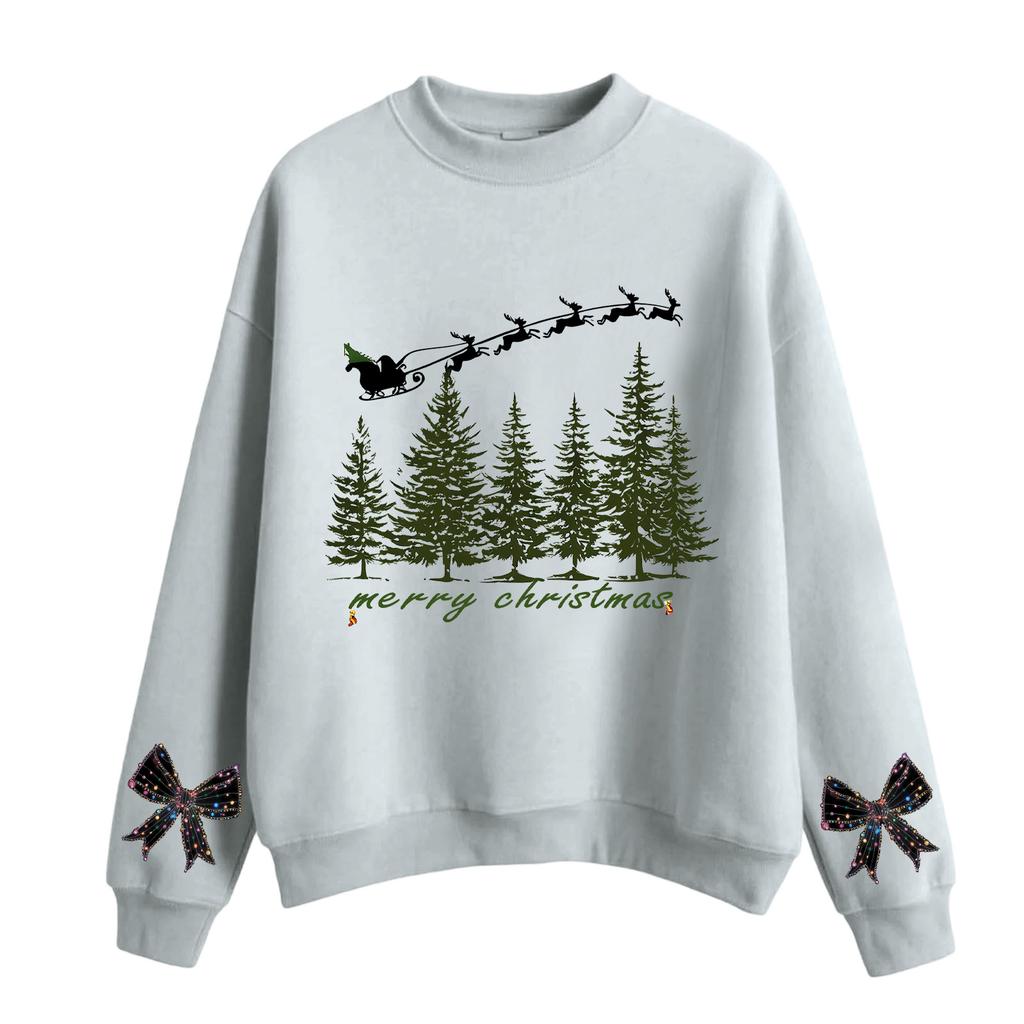 Moletom Feminino Casual de Moda com Gola Redonda, Manga Longa e Estampa de Natal