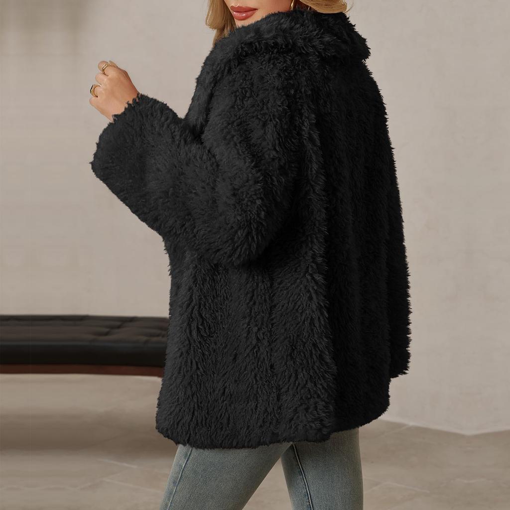 Womens Coat Lapel Collar Open Front Fuzzy Jackets Winter Warm Outerwear